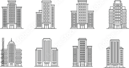 Modern office building icons set, black and white architectural line illustrations, corporate urban skyscrapers, commercial real estate facades, minimalist city architecture vector collection