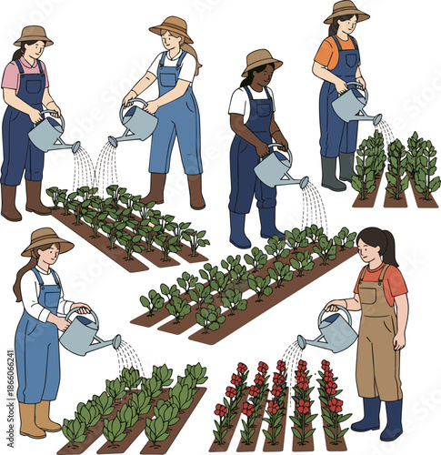 Create a kinds of deferent realistic Woman working at the farm watering plants with a watering can, vector art with white background.