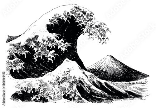 Line art illustration of the great wave and mount fuji depicting a powerful natural phenomenon for Japanese art and culture