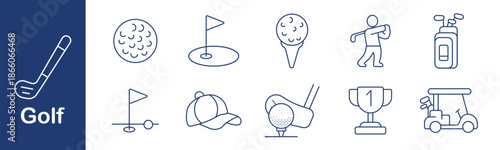 Golf set icon. Ball, hole, flag, tee, player, club, cart, hat, swing, trophy, position, field, practice, course, sport, leisure, equipment.