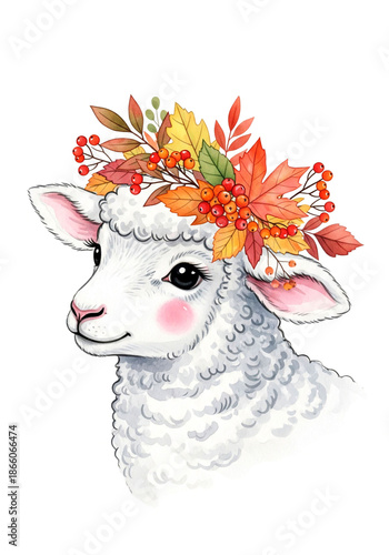 Adorable white sheep with autumn wreath of colorful leaves and berries in charming watercolor style for seasonal art and decor.