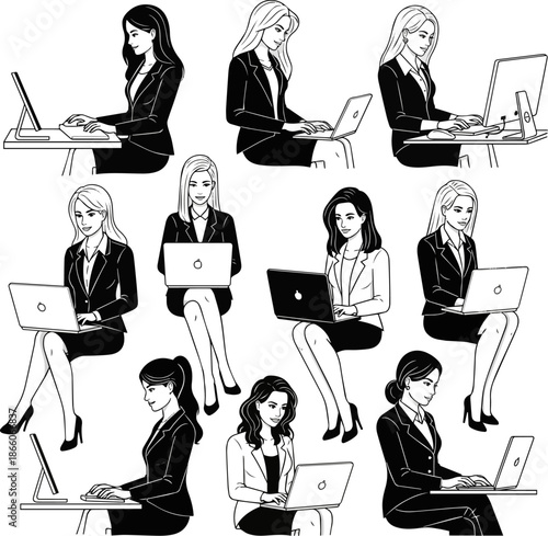 Create a kinds of deferent realistic Businesswoman in black and white costume sitting and working with a computer vector art with white background..