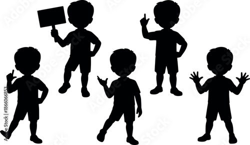 set of black silhouettes of children in various poses and gestures on white background