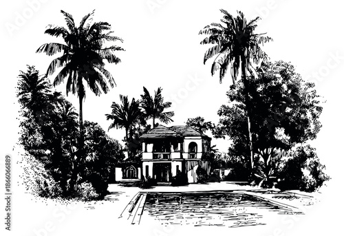 Hand drawn line art illustration of a tropical villa depicting a lush landscape for travel and leisure designs