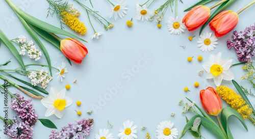 Vibrant floral arrangement featuring red tulips, daisies, and lilacs on a soft blue background, creating a beautiful frame for spring-themed designs and celebrations