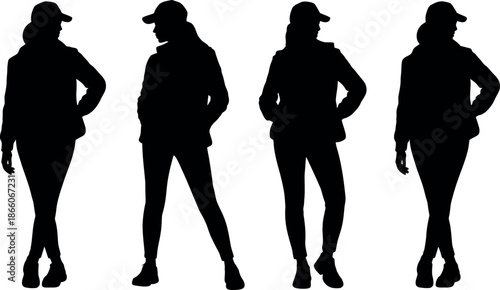 set of women in different poses wearing caps and jackets