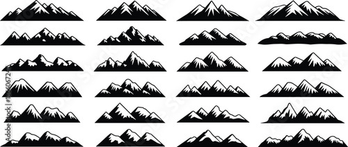 Mountain range silhouette collection with snowy peaks, black vector alpine landscape icons isolated on white background for travel, adventure branding, logos, posters, apps, and design