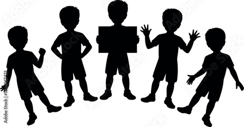 Silhouettes of children in various poses and actions standing alone