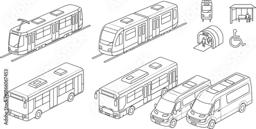 Public transportation isometric line art set with metro trains, buses and vans, urban transit vehicles illustration for city planning, mobility systems, infrastructure, maps
