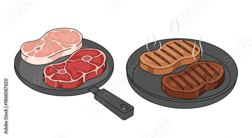 Pixel art illustration of raw and grilled steak cuts on frying pans