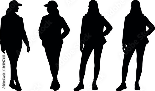 silhouettes of four women in different poses and outfits