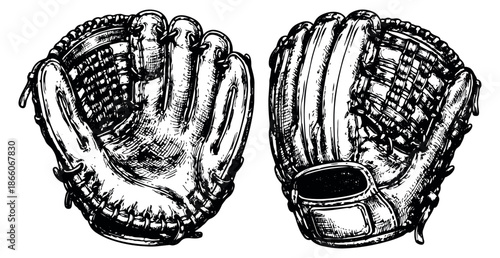 Hand drawn line art baseball glove set featuring two catcher's mitts for sports design