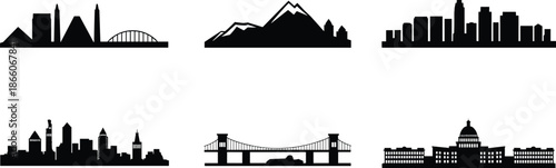 Modern city skyline silhouette set with landmarks, bridges and mountains, urban architecture icons, black vector illustration for travel, business, branding, posters, and web design
