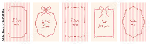 Hand-drawn Valentine's Day vintage frames set with whimsical lines, bows, ribbons in a coquette style. Vector elegant minimalist line art borders.Template for a poster, banner in a doodle style. 