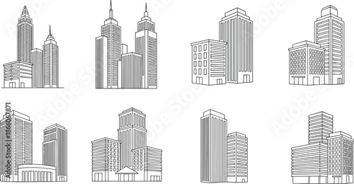 Skyscraper building outline set, black and white city architecture illustrations, modern urban towers and office blocks, minimalist linear vector skyline collection