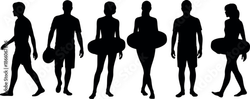 Silhouettes of people walking with inflatable tubes on white background