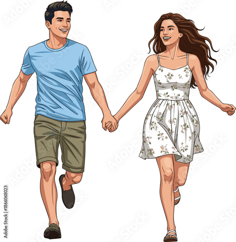 Create a kinds of deferent realistic Young man and woman running happily hand in hand in summer vector art with white background..