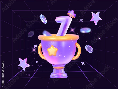 Modern Y2K champion template: holographic trophy cup with number 1 and glowing stars on a digital grid background, premium 3D vector