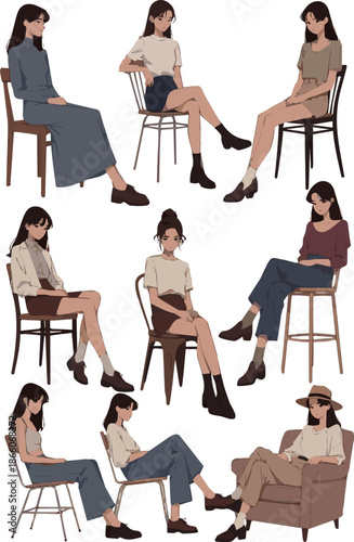 Create a kinds of deferent realistic young woman sitting on a chair vector art with white background.