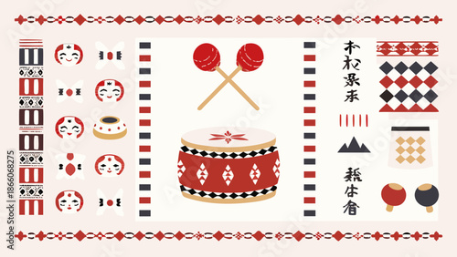 Flat vector illustration of a celebratory drum icon with patterned borders and symbols
