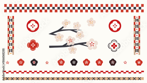 Flat vector illustration of decorative plum blossom, floral patterns, and borders in red