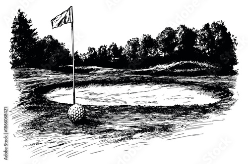 Hand drawn line art illustration of a golf course depicting a golf ball and flag by a bunker for sports and recreation themes