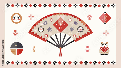 Ornate folding fan with floral patterns and tassel, surrounded by traditional japanese designs