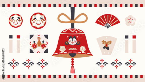 Flat vector illustration of traditional new year bell, decorations and symbols, red and white