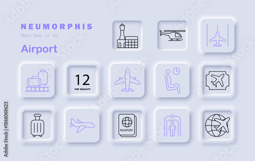 Airport set icon. Includes control tower, helicopter, airplane, globe, conveyor, luggage, passport, metal detector, seat, ticket in travel-based neumorphic layout