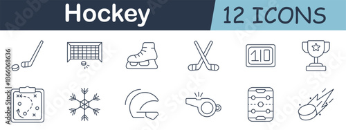 Hockey set icon. Stick, puck, net, skates, scoreboard, strategy board, snowflake, whistle, helmet, trophy, rink diagram, and fast puck drawn in outlined style.