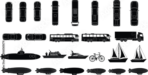 Transportation vehicle icon set, black and white silhouettes of cars, buses, trucks, ships, bicycles, submarines and airships, modern vector illustration collection