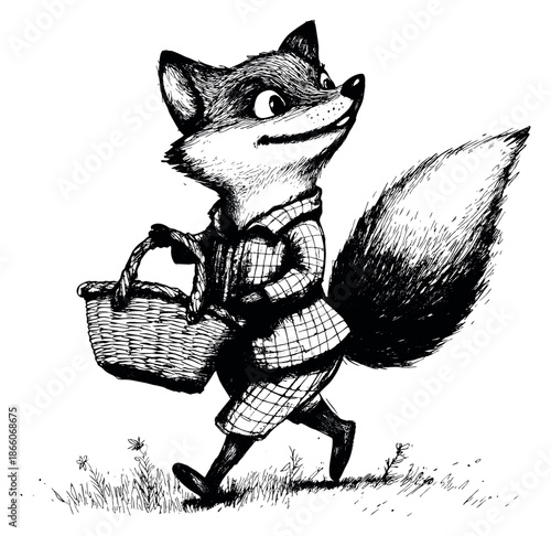 Hand drawn line art illustration of an anthropomorphic fox depicting a cheerful walk with a basket for children's books