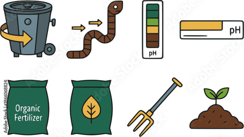 Professional composting and soil health icons. Flat vector set featuring compost bins, earthworms, and pH tests. High-quality brown and green graphics isolated on white background.
