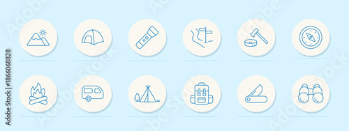 Camping set icon. Mountain, tent, flashlight, path, axe, compass, fire, trailer, camp, backpack, knife, binoculars. Nature, travel, hike, survival, gear, forest, outdoor, explore, trip, wild.