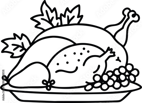 A simple black and white line drawing depicts a roasted turkey on a