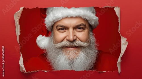 A cheerful, mature man with a long, flowing white beard and meticulously styled mustache, wearing a classic red and white festive hat and matching attire, smiles warmly directly at the viewer. He appe