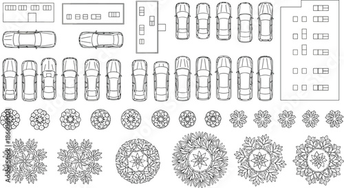 Urban site plan elements set with cars, buildings and trees, top view architectural line art illustration for city planning, parking layouts, landscape design, maps