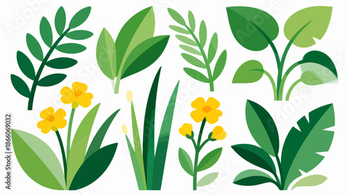Illustrated green leaves and yellow flowers
