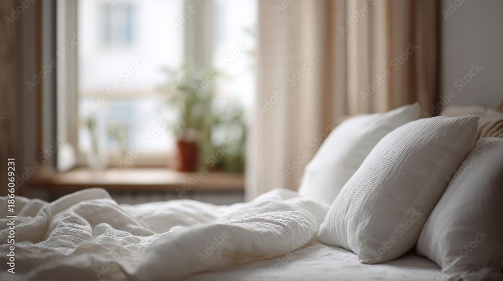 Fototapeta premium Close-up of a bed with white sheets and pillows. the bed is in front of a window with sheer curtains, and there is a potted plant on the windowsill.