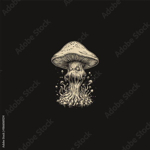 Surreal vintage engraving of a mystical mushroom creature with tentacles and glowing eyes.