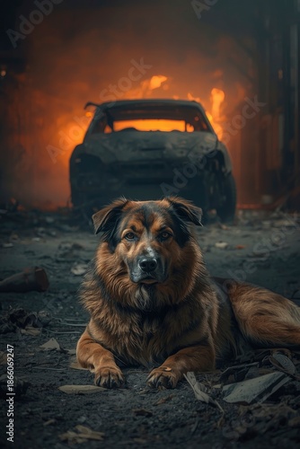 A stoic and watchful long-haired dog, predominantly brown and black, lies calmly in the foreground amidst dark, scattered debris. Its piercing gaze directly engages the viewer, conveying a sense of pr