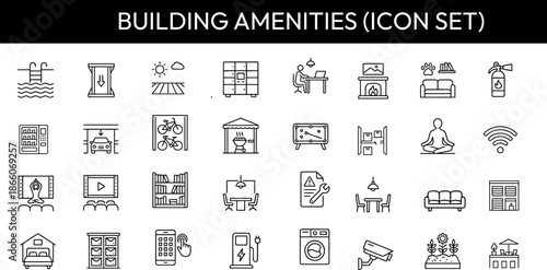 Building amenities icon set for architectural and real estate design