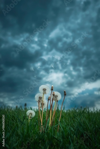 A striking low-angle view captures a cluster of delicate dandelion seed heads, some fully formed with their characteristic feathery parachutes, while others show the remnants of dispersed seeds. Again