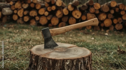 A sturdy wood-splitting axe is wedged firmly into a weathered tree stump, showcasing a scene of rustic preparation and manual labor. In the softly blurred background, a significant stack of neatly pil