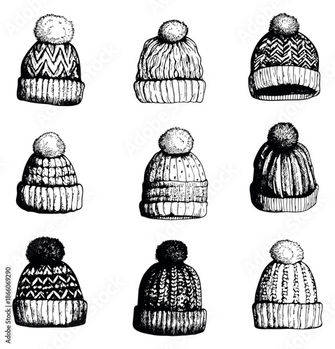 Hand drawn line art winter hats set featuring diverse knitted designs and fluffy pom-poms for seasonal fashion