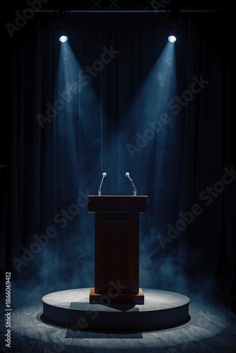 A wooden podium with two microphones stands on a circular stage, dramatically lit by spotlights. Haze catches the light against a dark curtain, creating an anticipatory and formal atmosphere. Perfect 