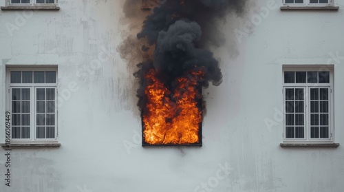 An intense and dangerous building fire erupts from a central window of a plain, light-colored facade, with vivid orange flames licking upwards and dense, dark black smoke billowing into the air. Two a