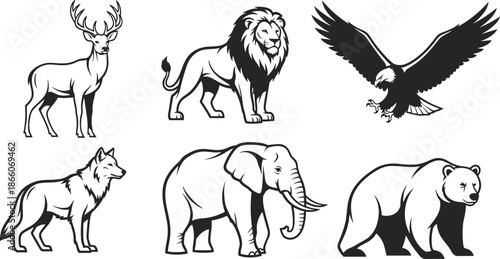Wild animal icon set, black and white line art illustrations of deer, lion, eagle, wolf, elephant and bear, minimalist vector wildlife collection