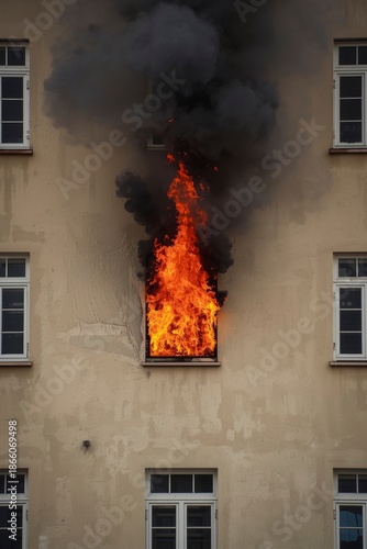 Intense orange flames erupt vividly from a window opening within an older building, casting a dramatic, fiery glow against the textured, weathered facade. Thick, dark smoke billows powerfully upwards 