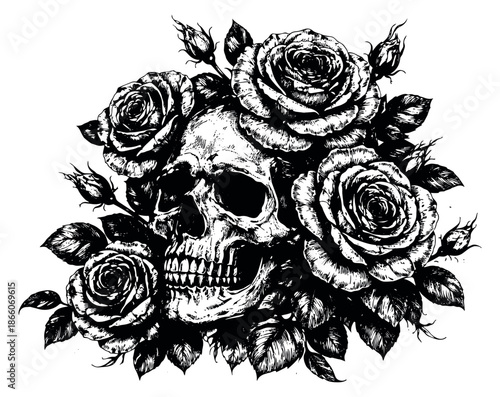 Hand drawn line art illustration of a skull and roses depicting a gothic aesthetic for edgy design